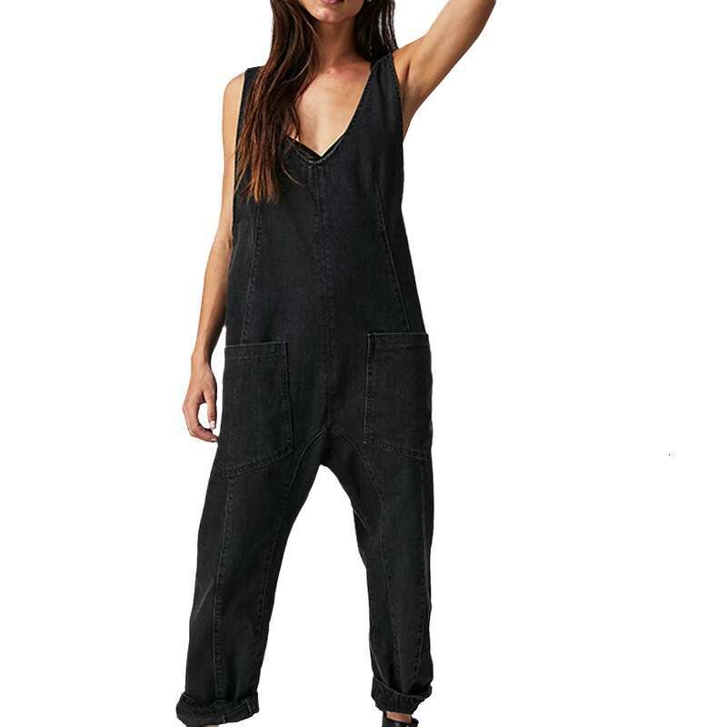 Autumn Winter Quick Buy New V-Neck Pocket Adjustable Strap Denim Jumpsuit B5