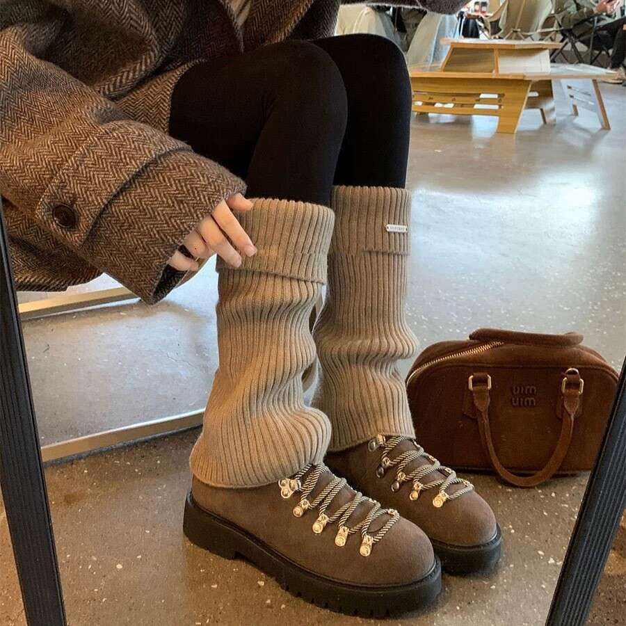 Genuine Leather Suede British Style Round Toe Chunky Heel High Top Martin for Women Thick Sole Versatile Front Lace-up Short Boots