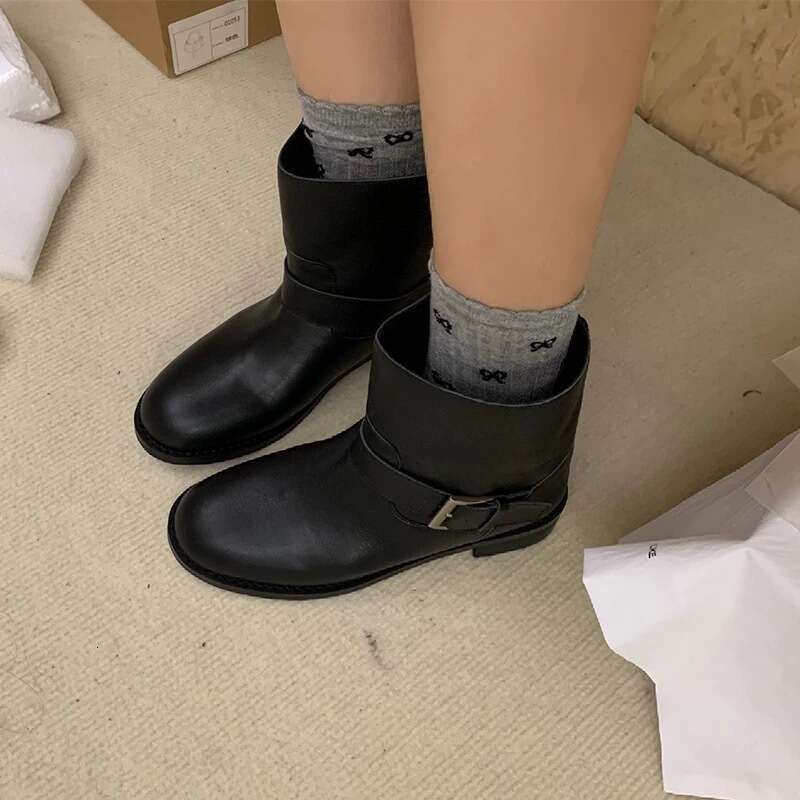 Korean Style Belt Buckle Round Toe Heel Low Short Martin Women Autumn Winter Wide Tube Chelsea Slim Boots