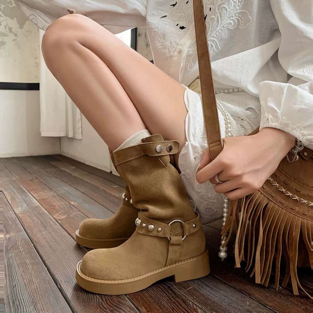Korean Style Melard Thick Sole Chunky Heel Round Toe Metal Buckle Martin Short Mid-Calf Boots Women 2024 New Autumn Winter