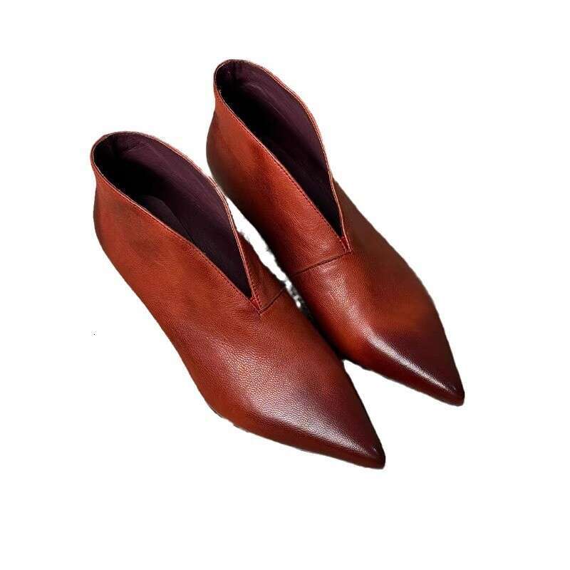 Korean Style Niche High-end Deep V-mouth Stiletto Pointed Toe Single for Women Spring and Autumn New Ankela Red Small Leather Shoes