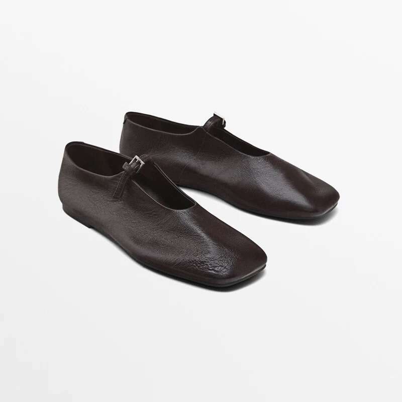 Genuine Leather French One-Strap Ballet Flats for Women 2025 Spring Square Toe Flat Mary Jane Shoes
