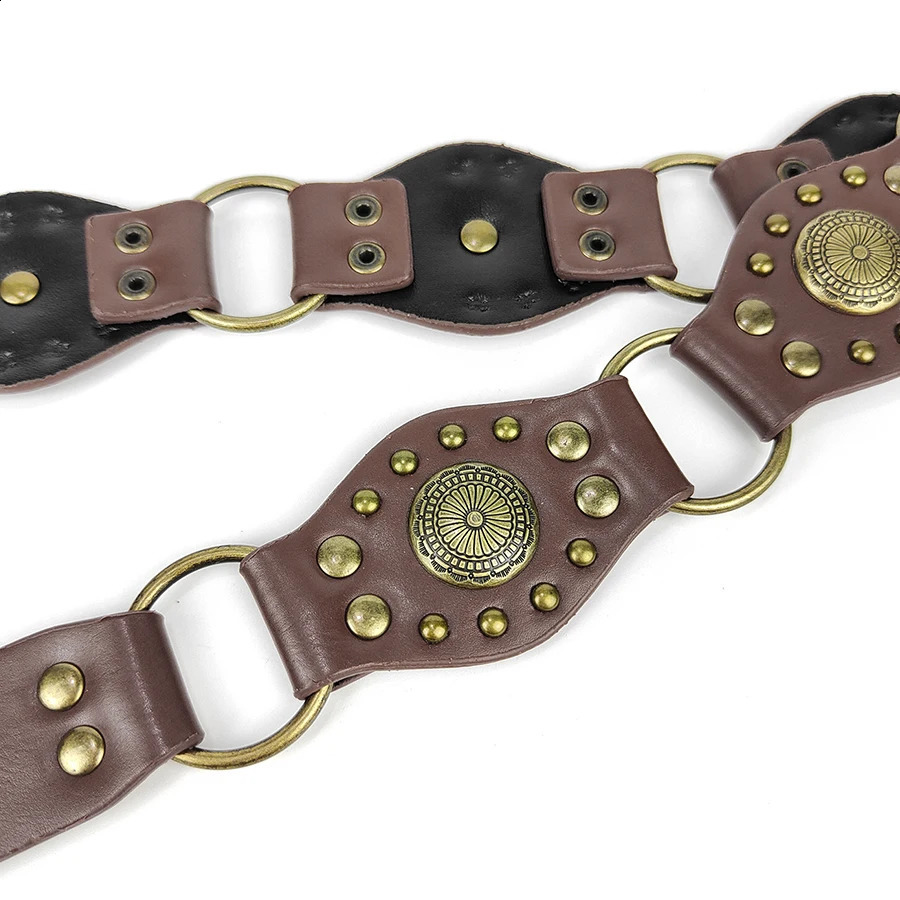 Western cowboy style metal buckle PU leather belt for womens retro rivet decoration needle buckle wide belt 250523
