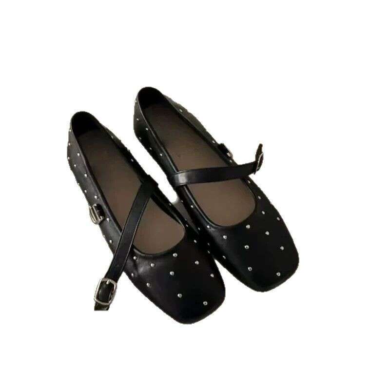 Genuine Leather Korean Style Studded Square Toe Mary Jane for Women 2025 Spring Versatile Flat Shallow Mouth Red Single Shoes