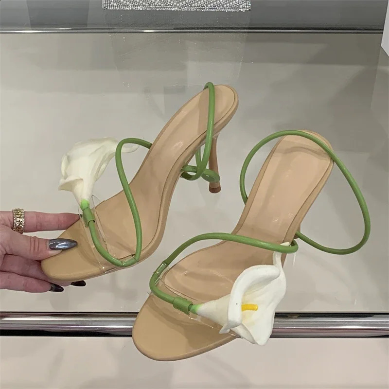 Eilyken Sexy PVC Transparent Flower Narrow Band Women Sandals Street Style Open Toe Thin High Heels Party Prom Shoes 250526