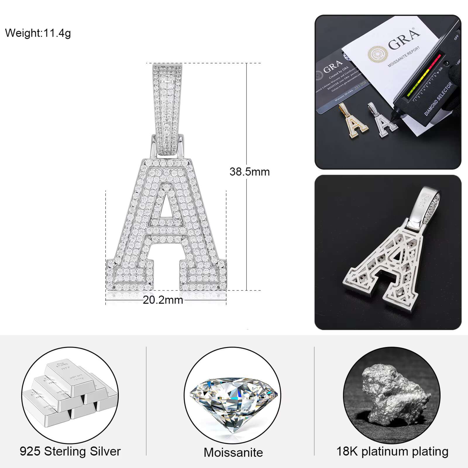 Wholesale Pass Diamond Tester Moissanite A-Z Initial Pendant 925 Sterling Silver Iced Out Jewelry Hip Hop Letter Pendant for Men