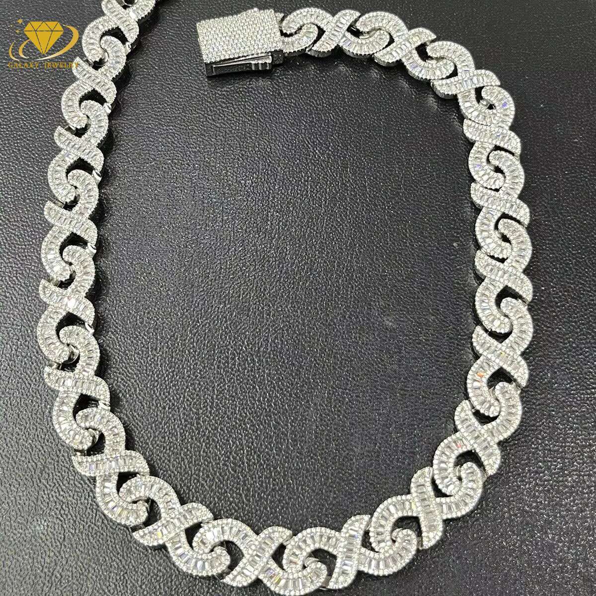 Hot Sale Real Gold Plated 925 Silver Iced Out Hip Hop Baguette Moissanite 20mm Infinity 8 Cuban Link Chain Necklace for Men