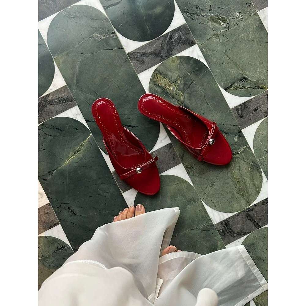 Genuine Patent Leather French Style Elegant Kitten Heel Stiletto Bowknot One-Strap Sandals for Women Outdoor Summer 2025 Slippers