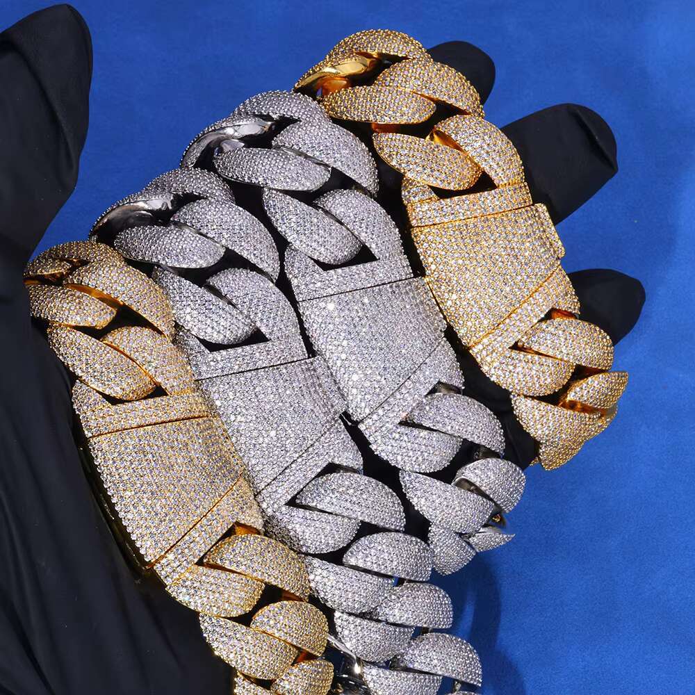 Wholesale 24mm Hip Hop S925 Silver VVS Moissanite Bracelet Blue Gemstone Cuban Chain Trend All-Match Mens Necklace Custom
