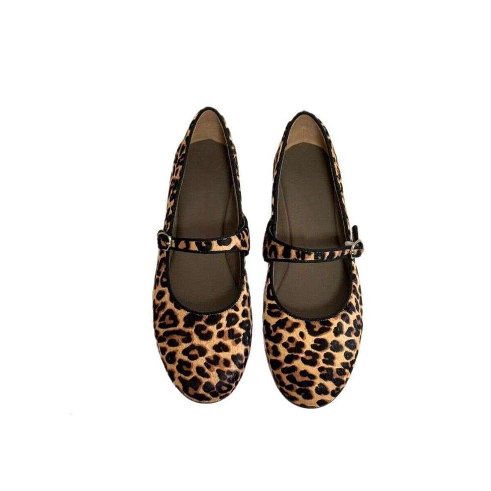 Genuine Leather French Leopard Print Round Toe Mary Jane Shoes with Strap for Women 2025 New Spring Ballet Flats