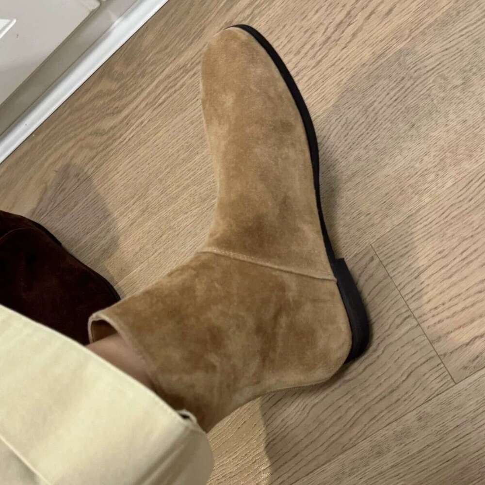 Korean Style Melard Suede Flat Western Cowboy Short for Women Autumn Winter Versatile Back Zipper Slim Boots