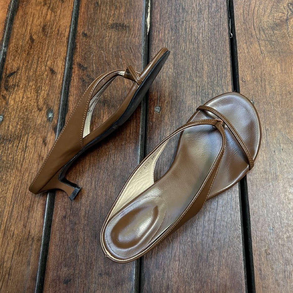 Genuine Leather Niche Design Edge Strap Toe Post for Women, Summer Open-Toe Low Cat Heel Sandals
