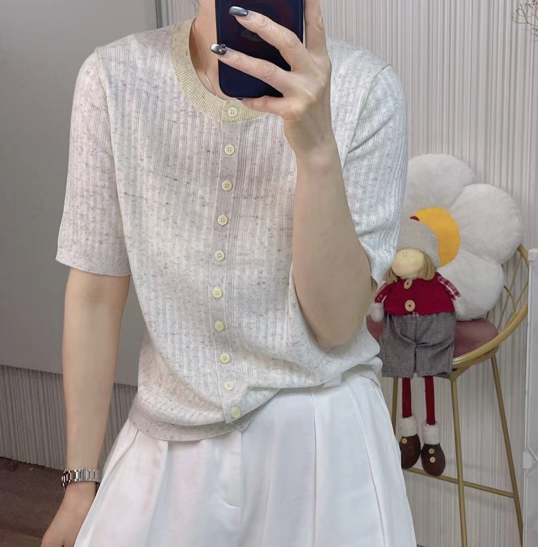 Summer thin women's T-shirt color collision round neck single-breasted fine pit leisure short-sleeved knit shirt