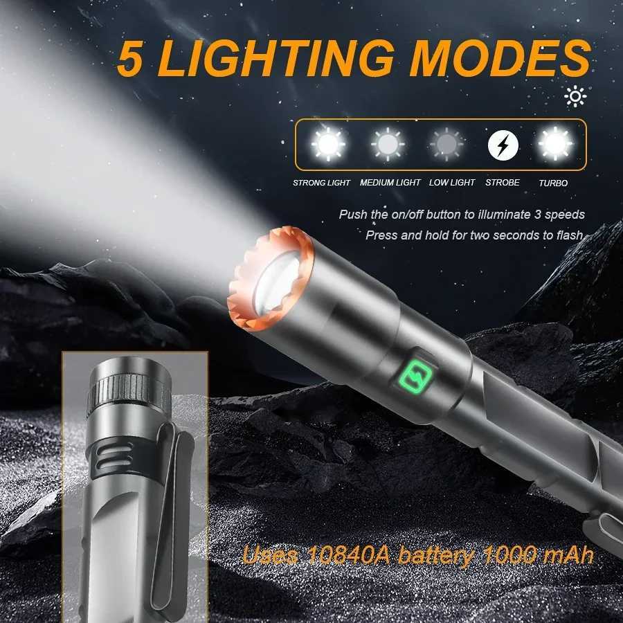 Powerful 2000LM Mini Flashlight USB Charging Zoom Flashlight with Clip Magnetic Pocket Torch for Camping Hiking Emergency LightXJ250529