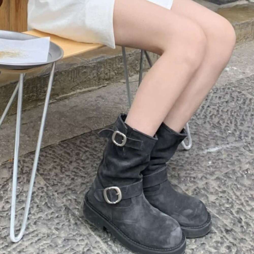 Suede Round Toe Thick Sole British Style Martin Western Cowboy Women 2024 New Belt Buckle Mid-Calf Short Boots