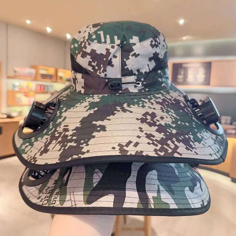 with UV Protection Solar Fan Adjustable 3 Speeds Wide Brim Sun Cap Camouflage Breathable Cooling Fisherman Hat Outdoor