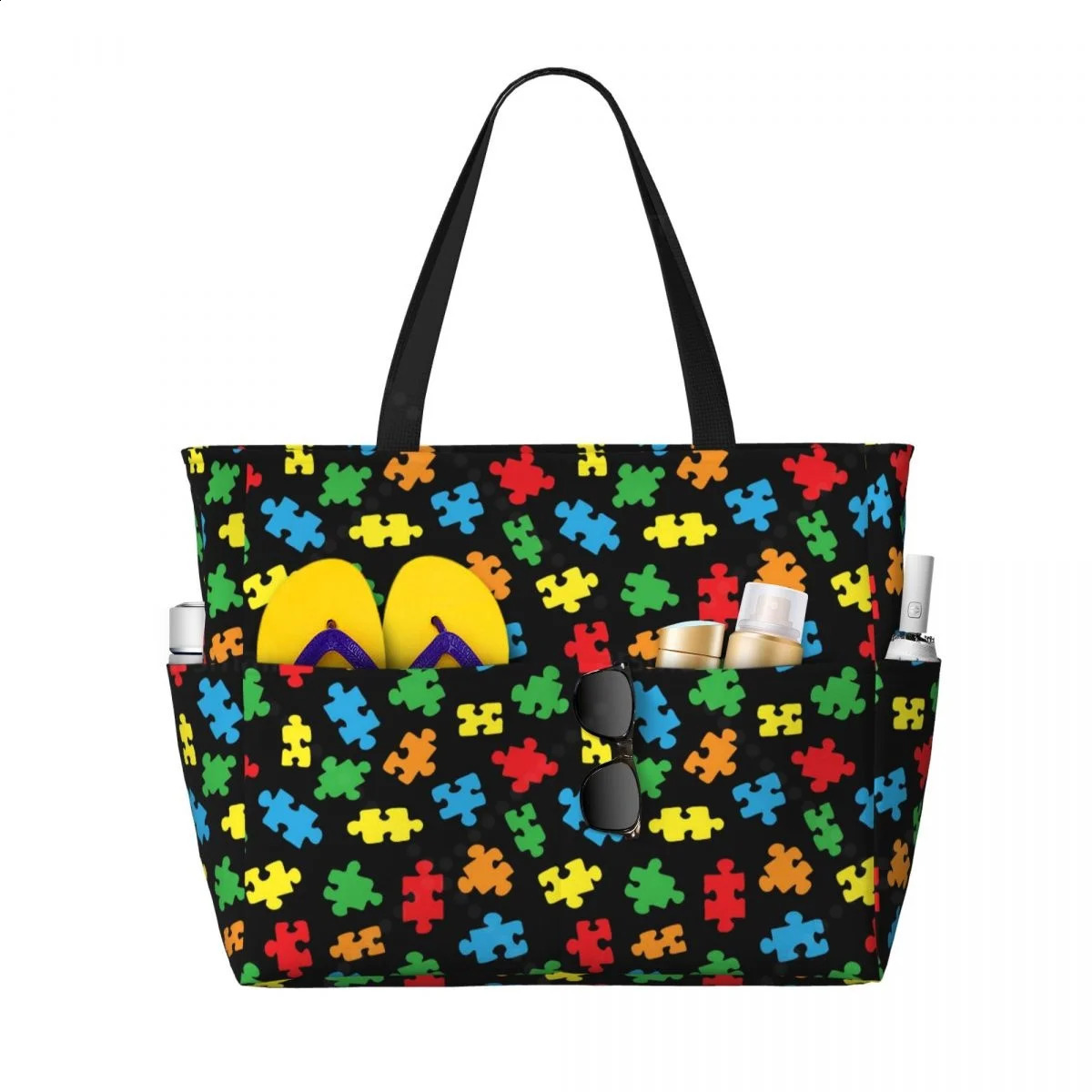 Puzzle Piece Travel Tote Bag Large Sandproof Beach with Zipper and Pockets for Womens Vacation Gym Travel 250528