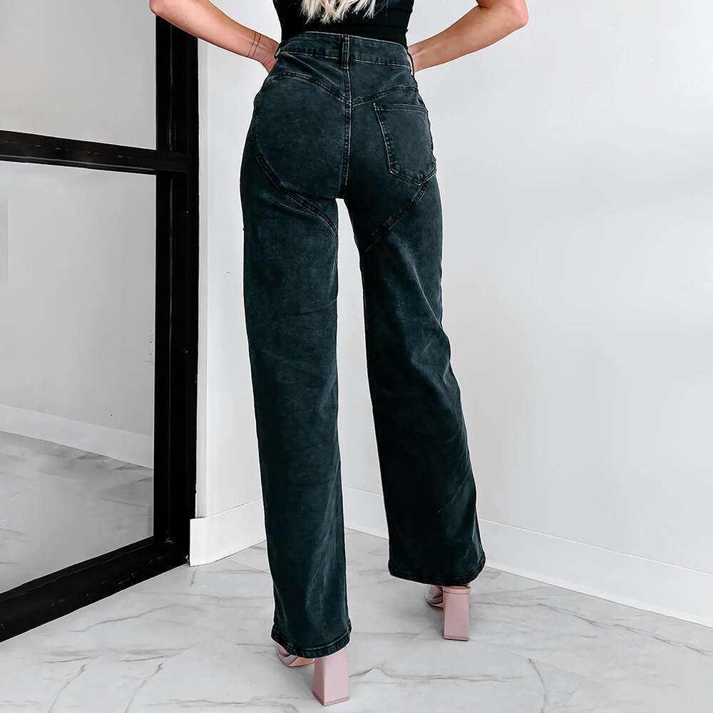 Autumn New Fashion Casual Studded Ripped Straight Leg Women's Vintage Jeans B5