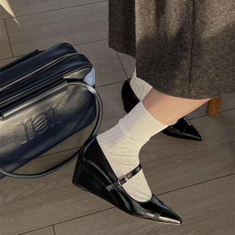 Genuine Leather Silver French Niche One-Strap Thick Heel Wedge Pointed Toe Mary Jane Shoes for Women Spring Summer High Heels