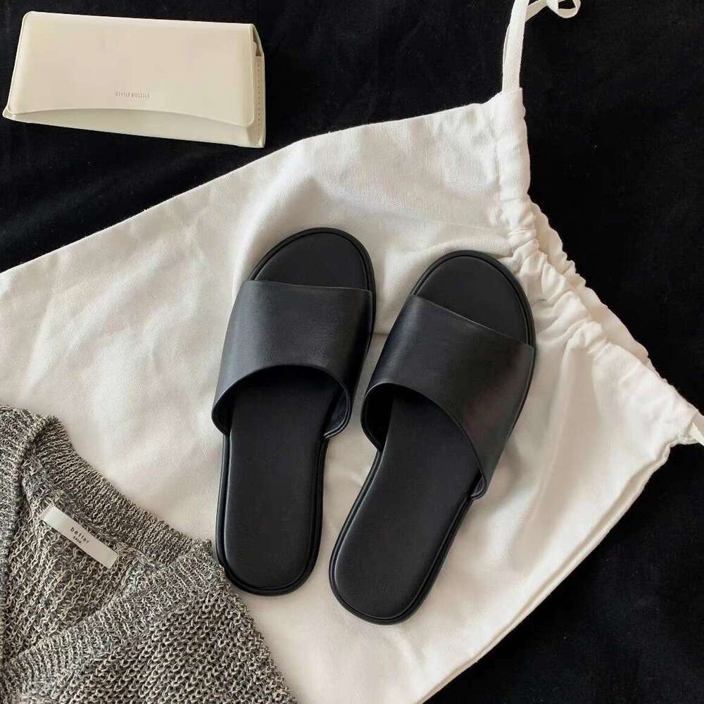 Genuine Leather Niche Row Style One-Strap Sandals for Women, Summer New Comfortable Flat Soft Sole Beach Half-Toe Slippers
