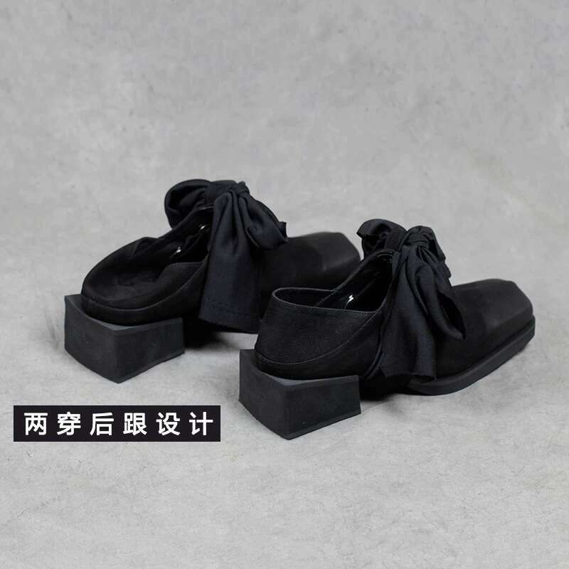 Genuine Niche Square Toe Chunky Heel Bowknot Strap Two-Way Loafers for Women 2025 Spring Small Leather Single Shoes