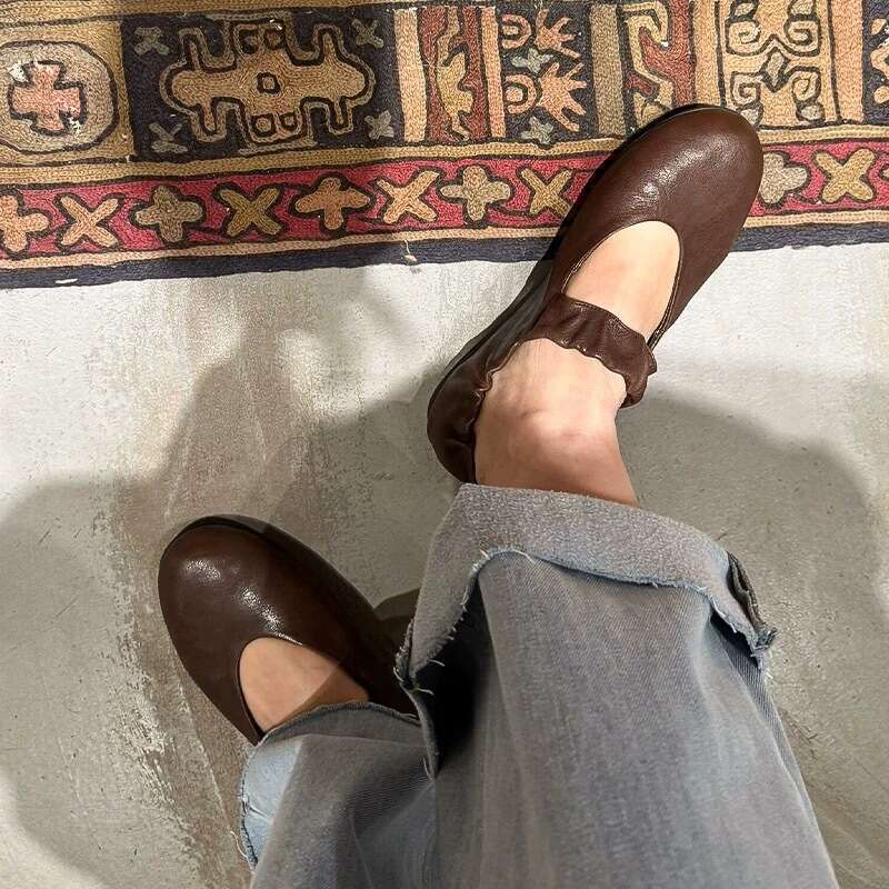 Genuine Leather Korean Style Round Toe Shallow Mouth Pleated Strap Mary Jane Shoes for Women 2025 Spring Summer Ballet Flats