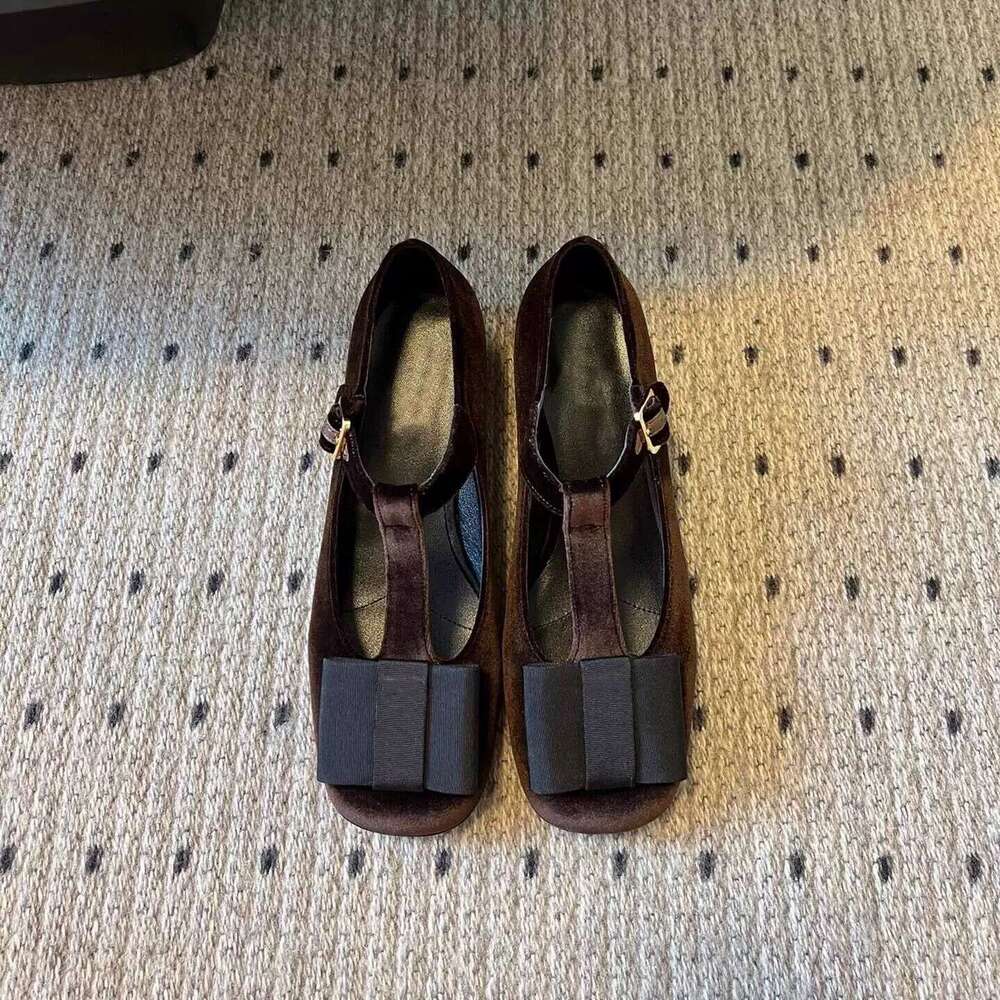 French Style Genuine Leather Square Toe Mary Jane with One-Strap Buckle for Women, Spring and Autumn New Thick Heel T-Strap Bowknot Shoes