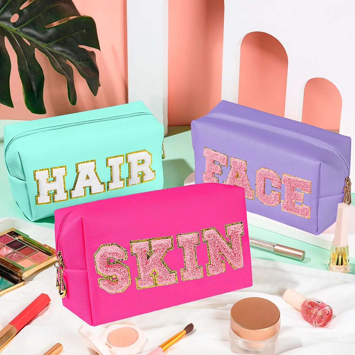 Chenille Letter Cosmetic Bag PU Leather Waterproof Pouch Cute Zipper Organizer Skin Hair and Facezmt 250528