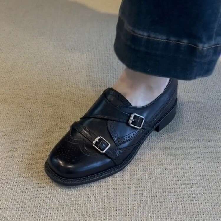 Genuine Brogue Carved Small Leather Shoes for Women, Chunky Heel, Thick Sole, Round Toe, Slip-On Loafers, Commuter Flats