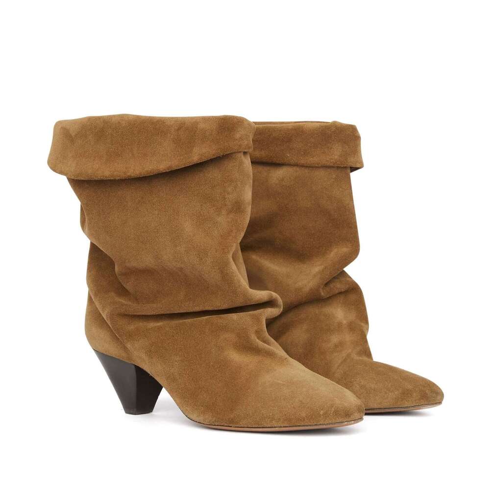 Niche Tapered Heel Short Suede Western Cowboy for Women, New Autumn Winter Turn-down Collar Slouch Martin Boots