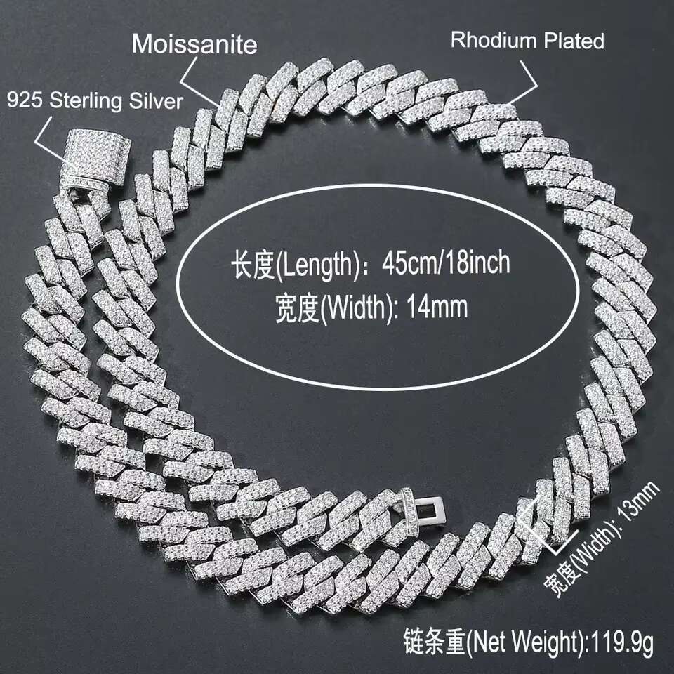 Trendy 925 Silver Cuban Link Chain for Men 14MM Moissanite Diamond with Two-Row Hip Hop Rapper Iced out Necklace