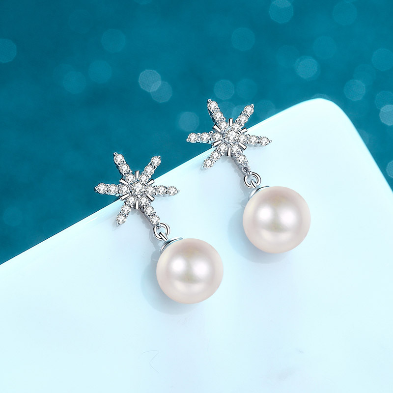 S925 Sterling Silver Earrings with 8mm Freshwater Pearls and Moissanite Snowflake Studs Wholesale Fashion Jewelry Hot Selling