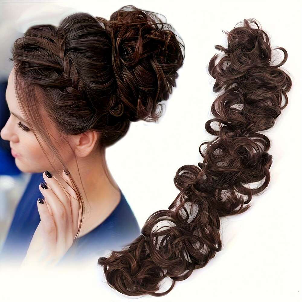 One Pack 20inch Long Messy Bun Extensions, High-Temperature Fiber Material, Multi-Functional Brown Black Curly Hair Styling, Suitable for Women Girls 