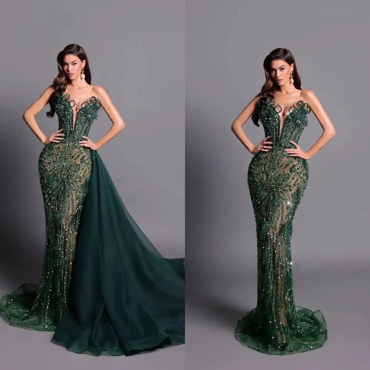 Luxury Green Crystal Mermaid Evening Dress Strapless Feather Sequins Prom Gowns Detachable Sweep Train Party Dresses Customized