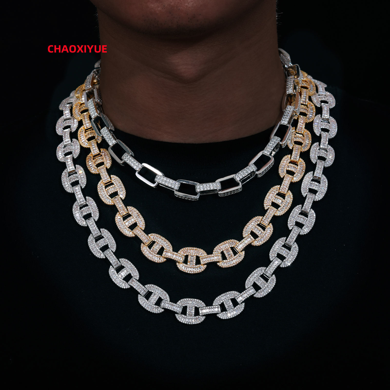 High Quality 925 Sterling Silver Mens Necklace 16mm Baguette Link Chain with VVS Moissanite Iced Out Cuban Style