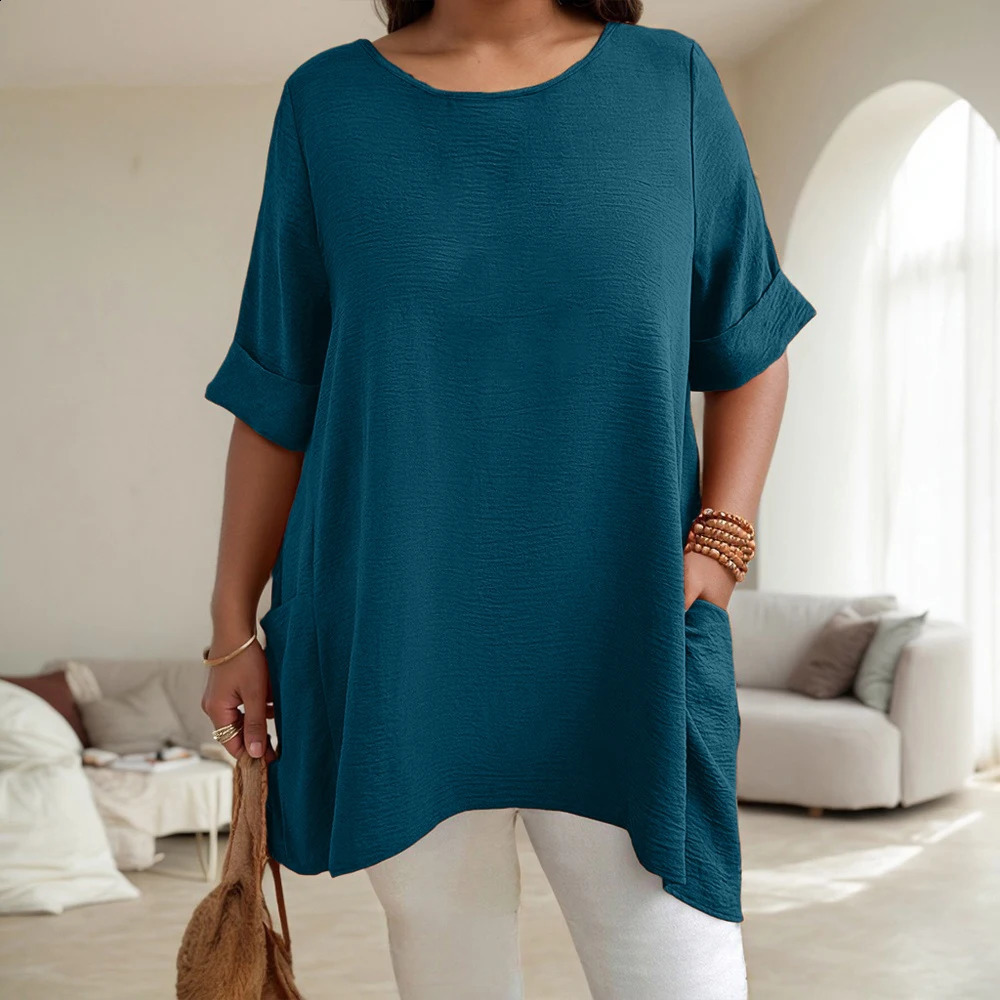 Plus Size Womens Solid ONeck Dropped Shoulder Sleeve Pockets Tunic Tops Summer Ladies Casual Pullover T Shirts Tee 1XL5XL 250519