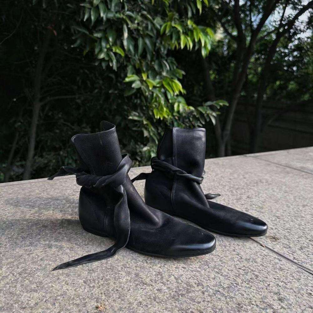 Genuine Leather Niche Design Bowknot Lace-up Ankle for Women Autumn Distressed Flat Bare Single Boots