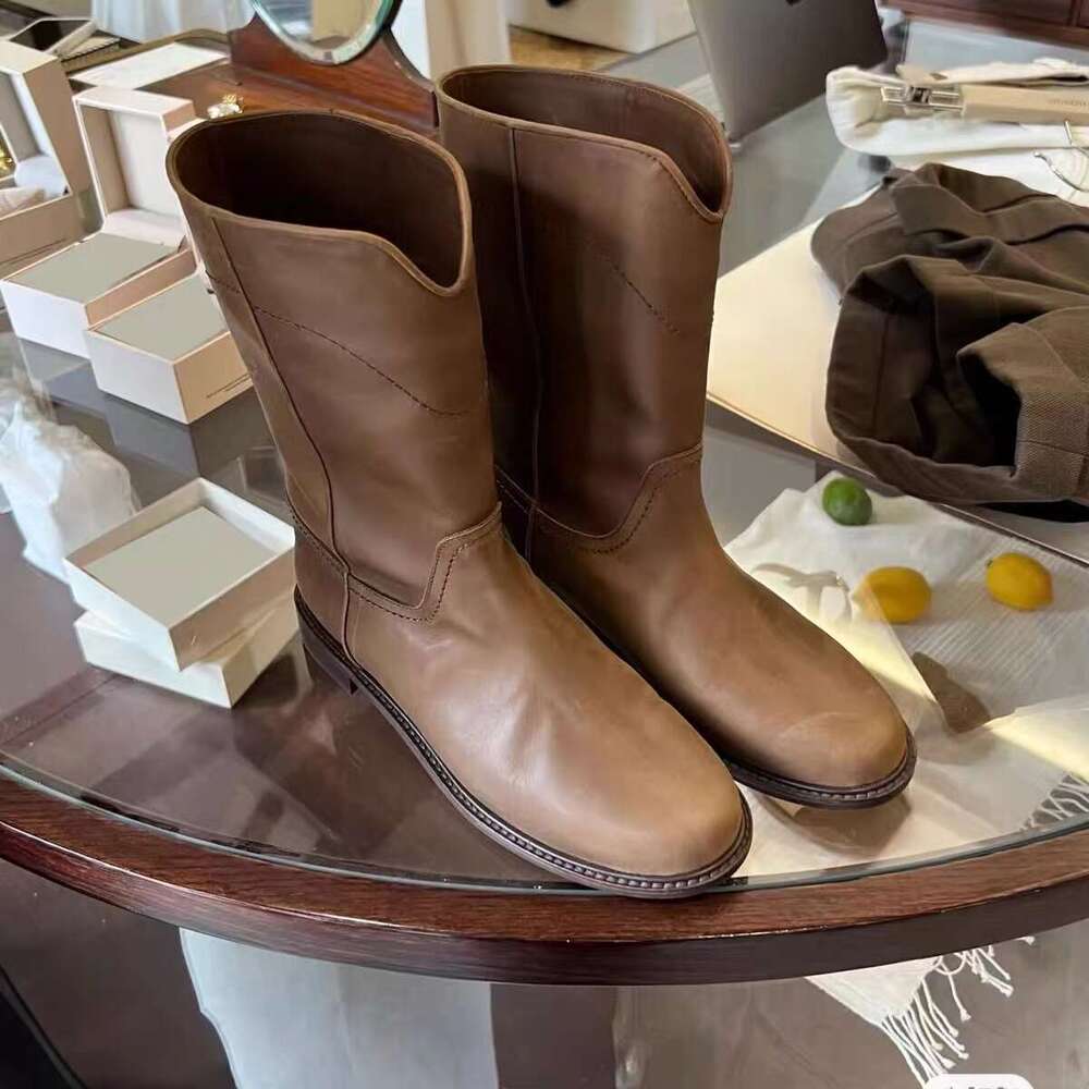 Genuine Leather Korean Style V-Cut Wide Mid-High Tube Flat Martin Mid-Calf Women 2024 New Autumn Winter Riding Boots