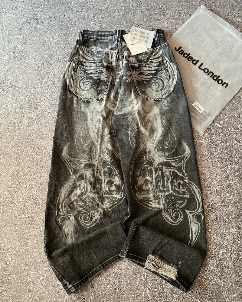 Y2K American Hole Oversized Printing Washed Old Casual Jeans Men Punk Fashion Vintage Hip Hop High Waist Wide Leg Pants 250526