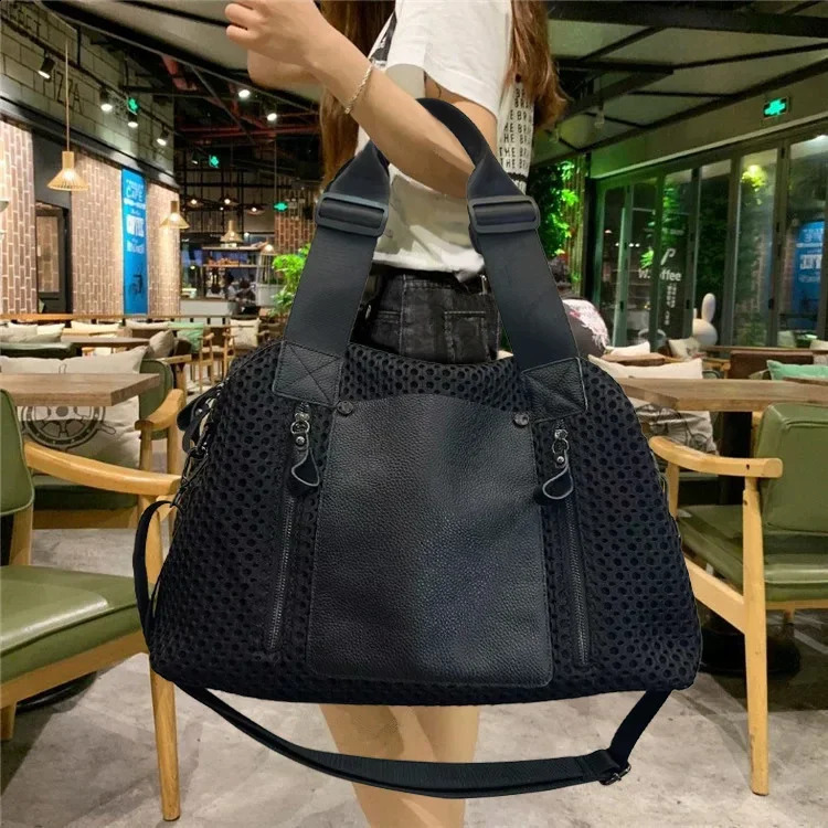 Ladies fashionable nylon mesh stitched tote bag with large capacity retro casual splicing single shoulder handbag 250528
