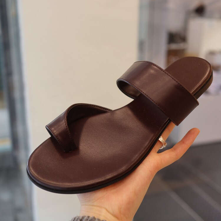 Genuine Leather Korean Style Simple Post for Women Outdoor Summer New Beach Flat Strap Toe Clip Sandals Half Slippers
