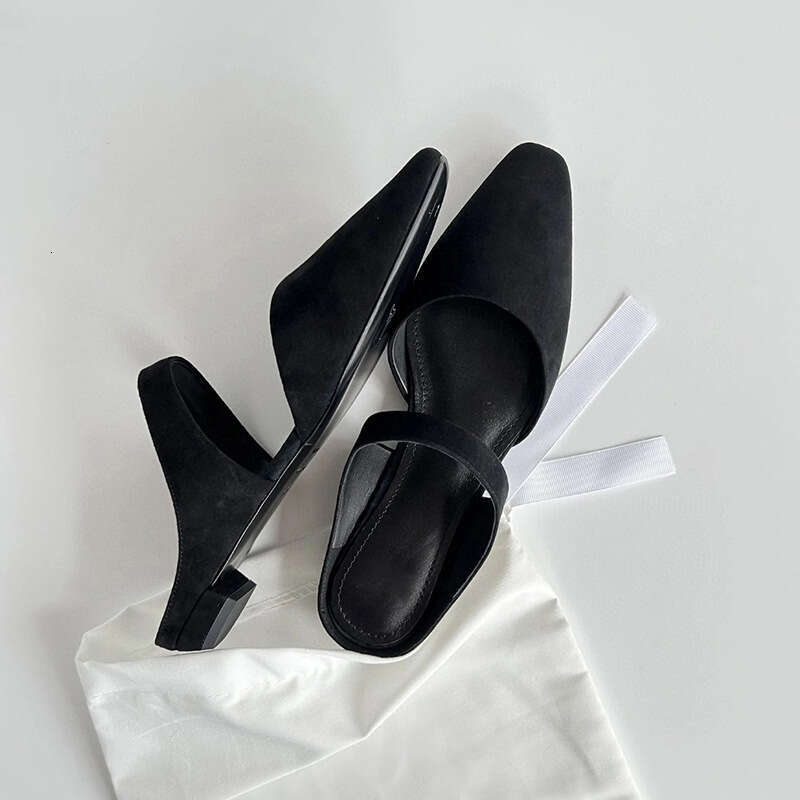 Genuine Leather Suede Mary Jane Women's Shoes Closed Half Slippers Flat Heel Pointed Toe Soft Sole Sandals