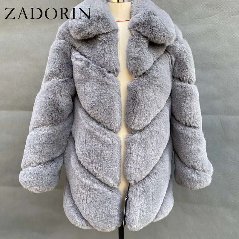 ZADORIN Winter Fashion Long Faux Rabbit Coat Turn Down Collar Fluffy Warm Fake Fur Coats and Jackets Women Jacket