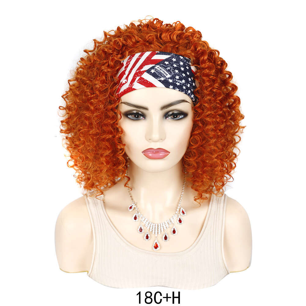 Women's wig Short 19Inch Deep Black Curly Hair Band Ice Silk Hairband Set Wig