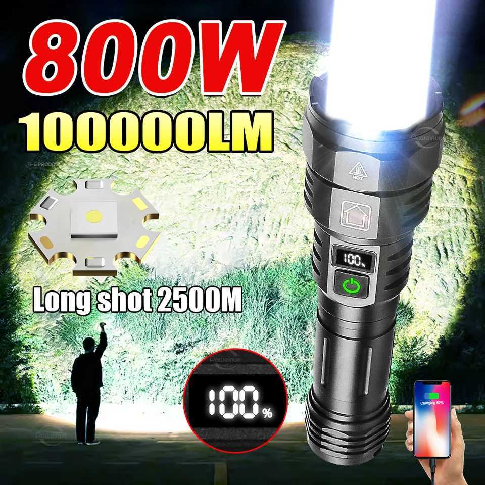 800W Ultra Powerful LED Flashlight White Laser Tactical Flash Light 26650 Rechargeable High Power Torch 2500M Camping LanternXJ250529