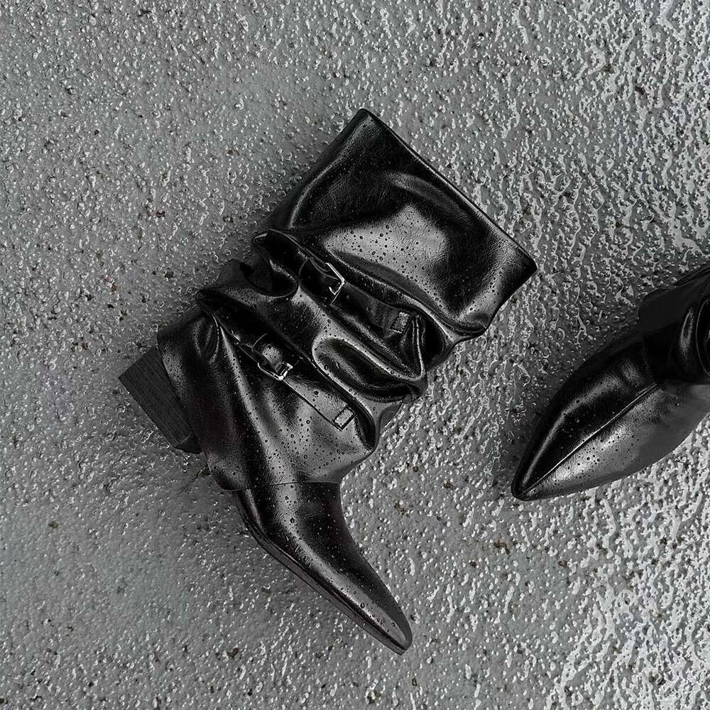 Niche Patent Leather Pointed Toe Chunky Heel Wrinkled Slouch Short Wide Tube Pants Women Autumn Winter Chelsea Boots
