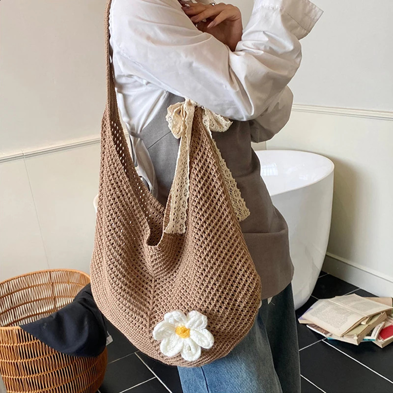Korean Womens Hollow Woven Shoulder Bags Braided Bag Tote Lazy Style Knitted Flower Summer Mesh Beach Bag 250528
