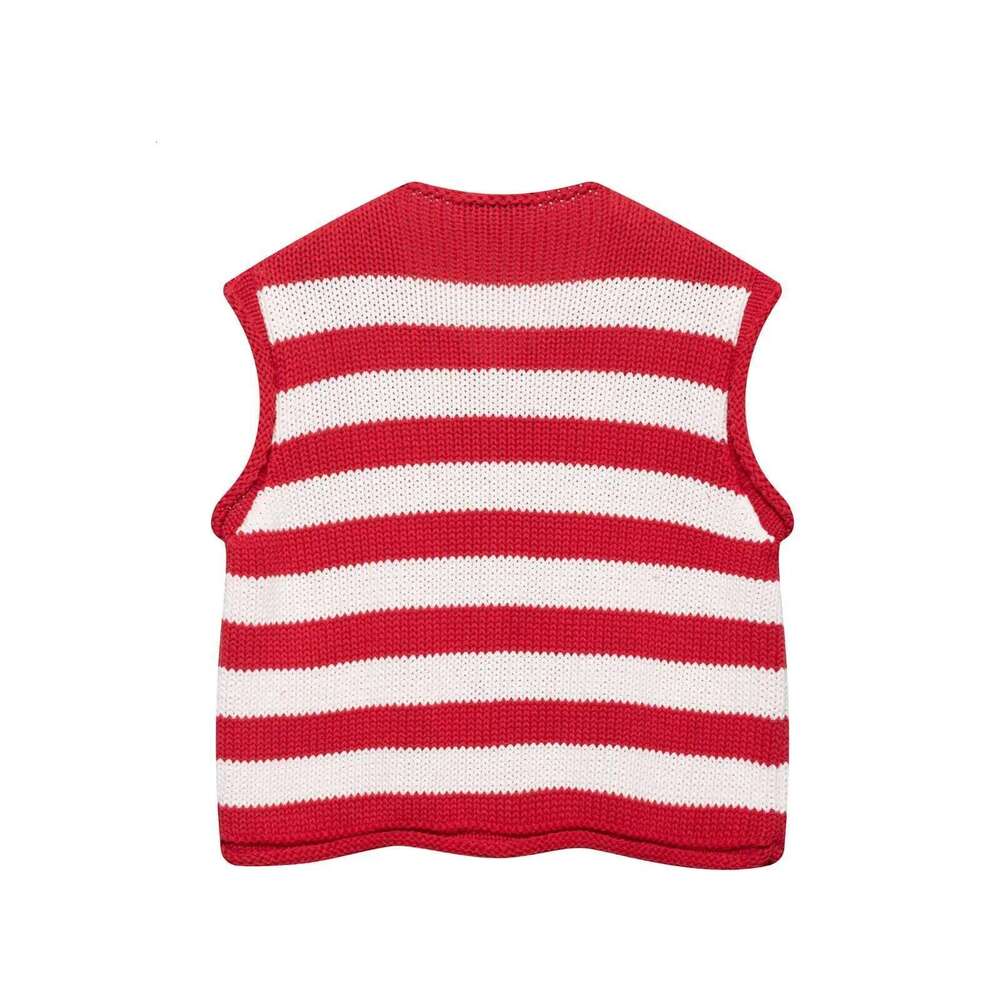 European and American style 2025 new round neck single-breasted sleeveless striped knitted vest top