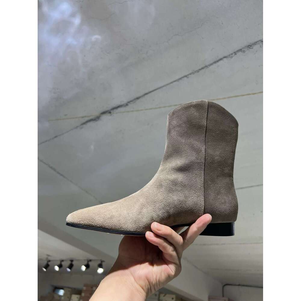 Korean Style Genuine Leather Suede Pointed Toe Chunky Heel Flat Skinny Short Western Cowboy Women's Martin Boots