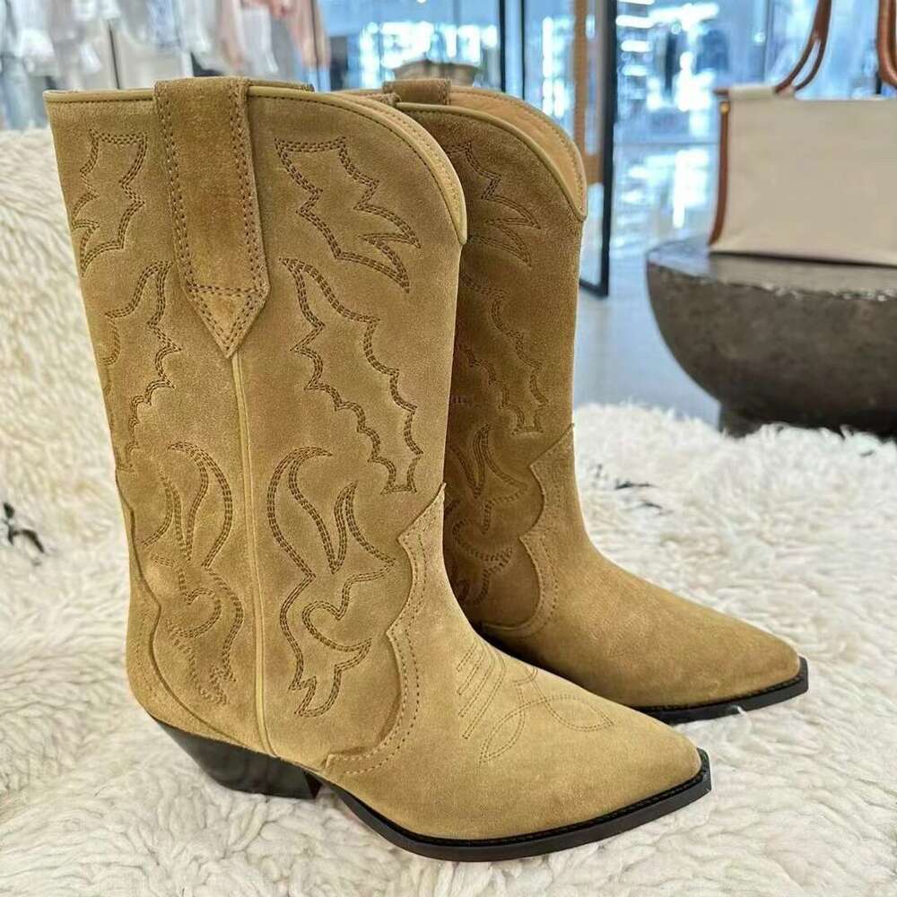 Genuine Leather Suede Niche Embroidered Western Cowboy for Women, Autumn and Winter, Chunky Heel, Pointed Toe, V-Mouth Mid-Calf Riding Boots